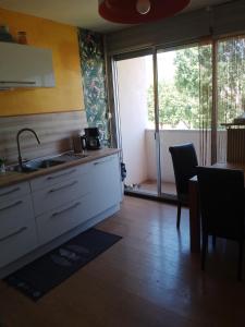 uma cozinha com um lavatório, uma mesa e uma janela em Appartement avec balcon : Le Serenity em Turckheim