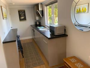 cocina con encimera, microondas y ventana en Eve’s Contemporary Cabin in Kent Woodland Setting, en Kent