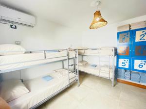 2 letti a castello in un dormitorio con luce di Adriatic Hostel Vlora a Vlorë