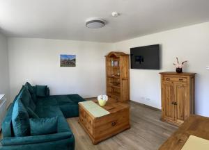ein Wohnzimmer mit einem grünen Sofa und einem TV in der Unterkunft Ferienwohnung Hildfeld in Winterberg