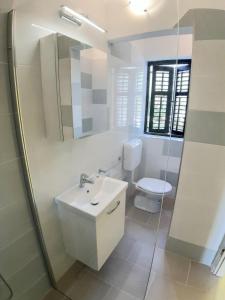 a bathroom with a sink and a toilet and a shower at Spacious apartment in Pula for 6 persons and with a big swimming pool in Pula