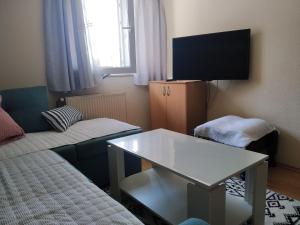 a living room with a couch and a table and a tv at Apartment Edin in Bihać
