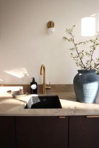uma cozinha com um lavatório e um vaso com uma planta em Gäststuga 30 kv + loft em Vallentuna