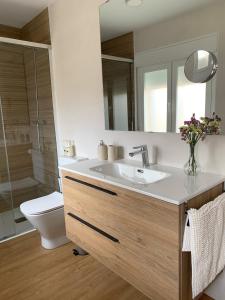 a bathroom with a sink and a toilet and a mirror at Ana Apartamento Turístico in Arróniz