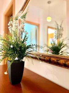 um vaso preto com flores sobre uma mesa em frente a um espelho em Appartement T2 avec vue panoramique sur la côte em Atouguia da Baleia