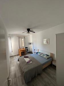 sypialnia z łóżkiem i wentylatorem sufitowym w obiekcie Apartments Peronja Jelsa Seafront w mieście Jelsa