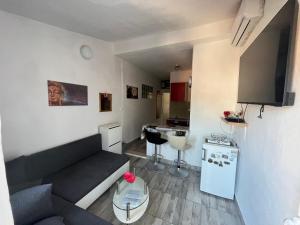 a small living room with a couch and a kitchen at Apartments Peronja Jelsa Seafront in Jelsa