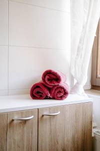 a pair of towels sitting on top of a bathroom counter at Feichtingerhof in Steinbach am Attersee