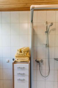 ein Bad mit einer Dusche und Handtüchern auf einem Schrank in der Unterkunft Feichtingerhof in Steinbach am Attersee