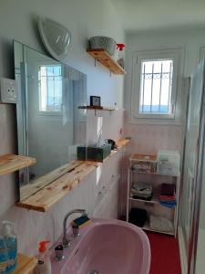 a bathroom with a sink and a mirror at Les coteaux de Planèze, maison et jardin dans le Lot! Chambres chez l'habitant! in Belmont-Bretenoux