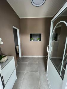 a bathroom with a walk in shower and a mirror at Kariofilli's house in Áyios Athanásios