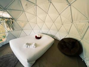 ein Zimmer mit einer Wand mit einem Tisch und einem Apfel darauf in der Unterkunft สะปันดีวิว Sapan Dee View บ่อเกลือ น่าน in Ban Huai Ti