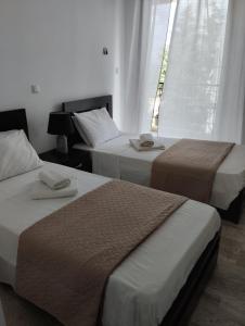 two beds in a hotel room with a window at Katerina Apartments in Kalamata