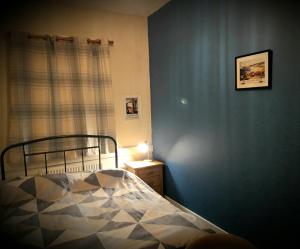 a bedroom with a bed and a blue wall at Hull Trinity Backpackers in Hull