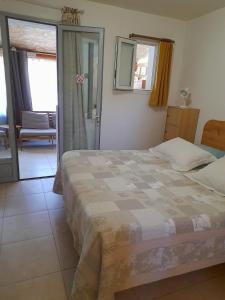 a bedroom with a bed and a sliding glass door at Gîte chez Cécile dans le Luberon in Lagnes