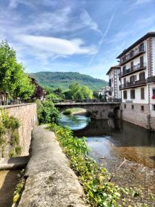 un río en una ciudad con un puente y edificios en Arotzetxea, en Elizondo