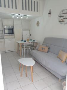 - un salon avec un canapé et une table dans l'établissement A 500 m de la plage, tout confort avec wifi, au Barcarès