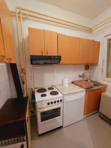 a kitchen with a white stove and wooden cabinets at Apartman Ena in Sjenica