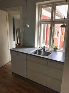 uma cozinha com um lavatório e uma janela em Hyggeligt hus på landet mellem Billund og Vejle em Bredsten