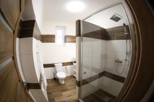 W łazience znajduje się toaleta i przeszklony prysznic. w obiekcie Dom Marhuľa w Štúrovie