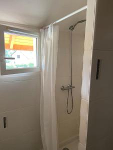 een badkamer met een douche en een douchegordijn bij Appartement familial à Crots in Crots
