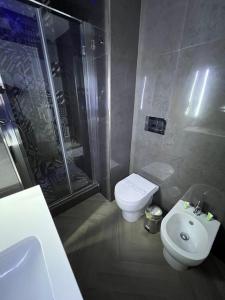 a bathroom with a toilet and a shower and a sink at Relais Ranieri Piazza Vittoria in Naples