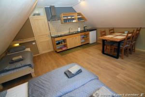 um quarto com uma cozinha, uma mesa e um lavatório em Base camp - Apartments & Rooms em Bovec
