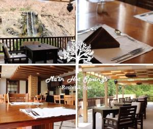 kolaż zdjęć jadalni ze stołem w obiekcie Ma'in Hot Springs w mieście Swemeh