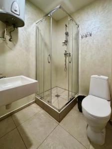 a bathroom with a shower and a toilet and a sink at Hotel Lime in Kyiv