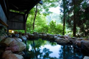 a pool of water with rocks and a building at Shinshiyo in Hita