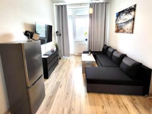 a living room with a black couch and a tv at Oskar Wilde in Stará Ľubovňa