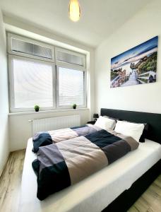 duże łóżko w sypialni z dwoma oknami w obiekcie Oskar Wilde w mieście Lubowla