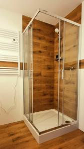 Una ducha de cristal en una habitación con pared de madera. en Apartament G66, en Wydminy