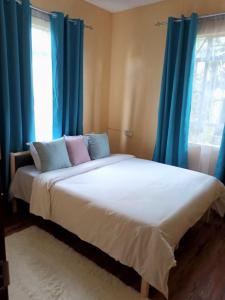 um quarto com uma cama grande e cortinas azuis em City Lodge em Rose Hill