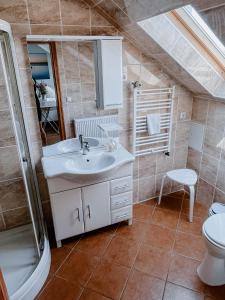 uma casa de banho com um lavatório, um chuveiro e um WC. em Ferienzimmer em Dargen
