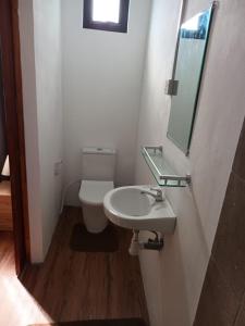 a bathroom with a toilet and a sink and a mirror at City Lodge in Rose Hill