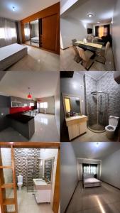 a collage of four different pictures of a bathroom at Hellen Apartament in Praia