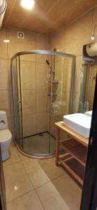 een badkamer met een douche, een wastafel en een toilet bij Batumi-Gonio First line Apartment in Gonio