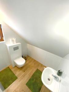 La salle de bains blanche est pourvue de toilettes et d'un lavabo. dans l'établissement Wataha - domek całoroczny nad jeziorem, à Mikołajki