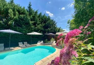 a swimming pool with chairs and umbrellas at Le Petit Prince à Sarlat - Parking privé - piscine chauffée - espace bien-être Jacuzzi et massages in Sarlat-la-Canéda