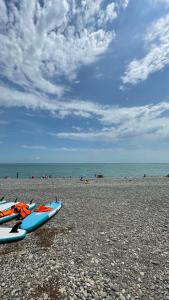 Due tavole da surf sono sedute su una spiaggia rocciosa di Дом Aframe Пицунда a Pizunda