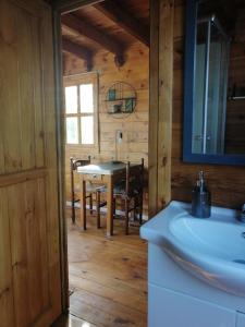a bathroom with a sink and a table in a cabin at Agréable chalet en bois et son extérieur in Massay