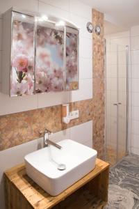 a bathroom with a sink and a shower at Monteurzimmer Rabe in Billigheim