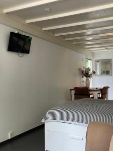 1 dormitorio con 1 cama y TV en la pared en Meer en Zee en Scharendijke