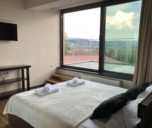 um quarto com uma cama e uma grande janela em Tarnovo Studios City Center em Veliko Tarnovo