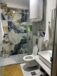 een badkamer met een douche, een toilet en een wastafel bij Seafront Apartments in Ulcinj