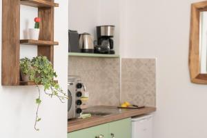 two pictures of a kitchen with a sink and a refrigerator at Lemon Tree Apartments Samos in Votsalákia