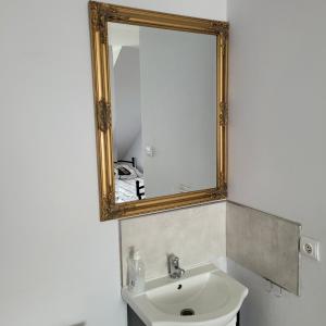 W łazience znajduje się umywalka i lustro. w obiekcie Noclegi Starogard w Starogardzie Gdańskim