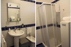 2 immagini di un bagno con lavandino e doccia di Appartamenti Mirabella a Favignana