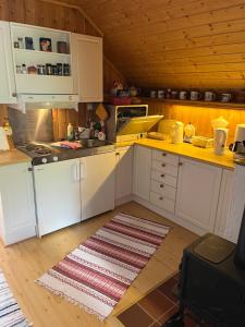 a kitchen with white cabinets and a rug on the floor at Bjørkely gård in Hidra